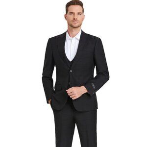 Men's Two Button Vested Peak Lapel Sharkskin Suit In Black Windowpane Plaid